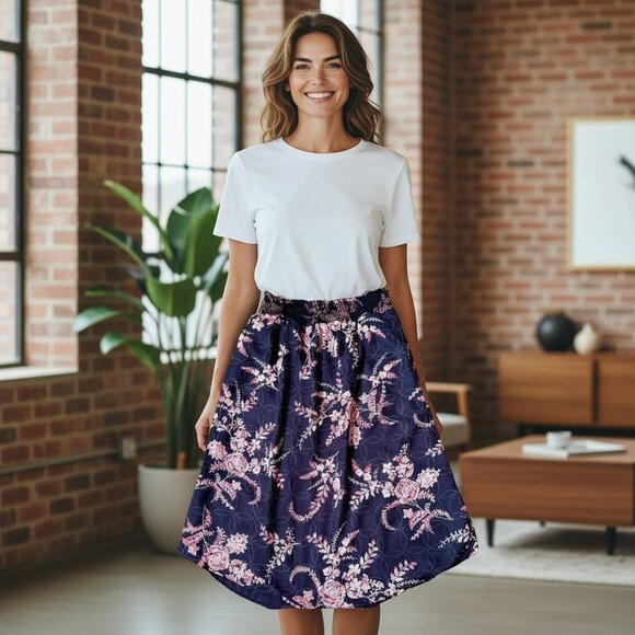 Hinge Floral Black and Pink Midi Skirt with Linings and Pockets Women's Size M - Picture 2 of 15